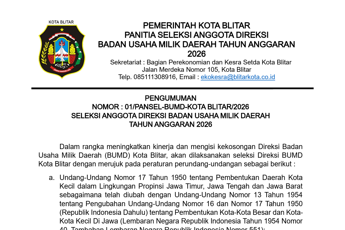 SELEKSI ANGGOTA DIREKSI BADAN USAHA MILIK DAERAH TAHUN ANGGARAN 2026