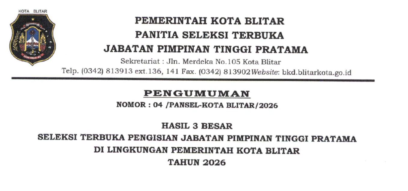 Pengumuman 3 Besar Seleksi JPT 2026