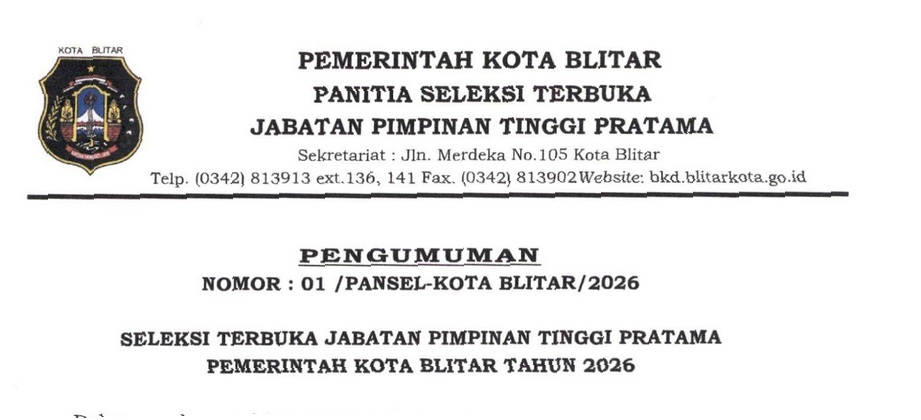 Seleksi Terbuka Jabatan Pimpinan Tinggi Pratama (JPT) Pemerintah Kota Blitar Tahun 2026